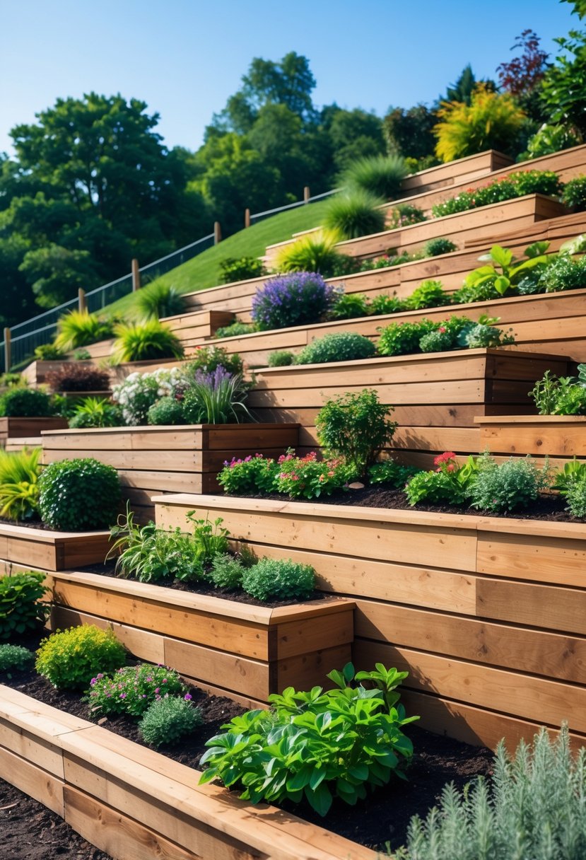 A sloped garden with multiple terraced wooden retaining walls holding green plants and colorful flowers.