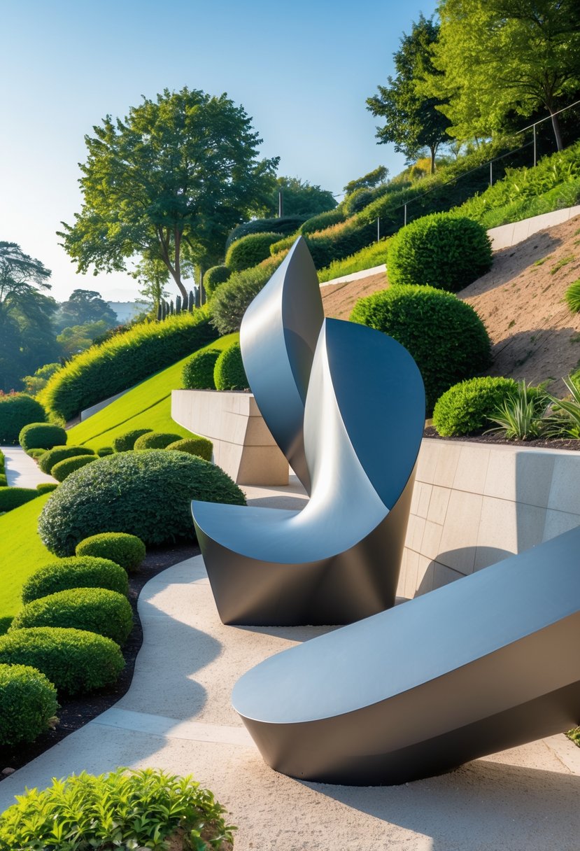 A garden on a gentle slope with modern abstract sculptures surrounded by green plants and shrubs under a clear blue sky.