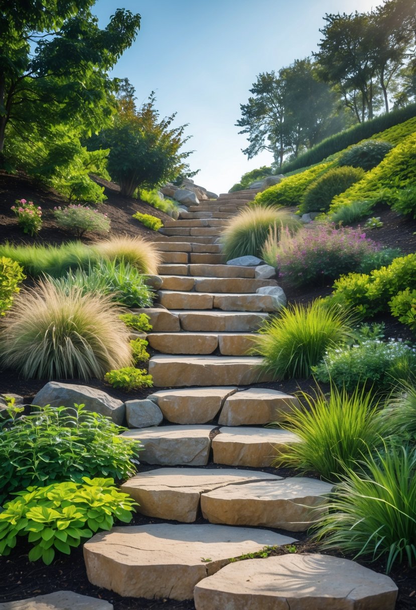Stone steps winding up a garden slope surrounded by green plants and flowers under a clear sky.