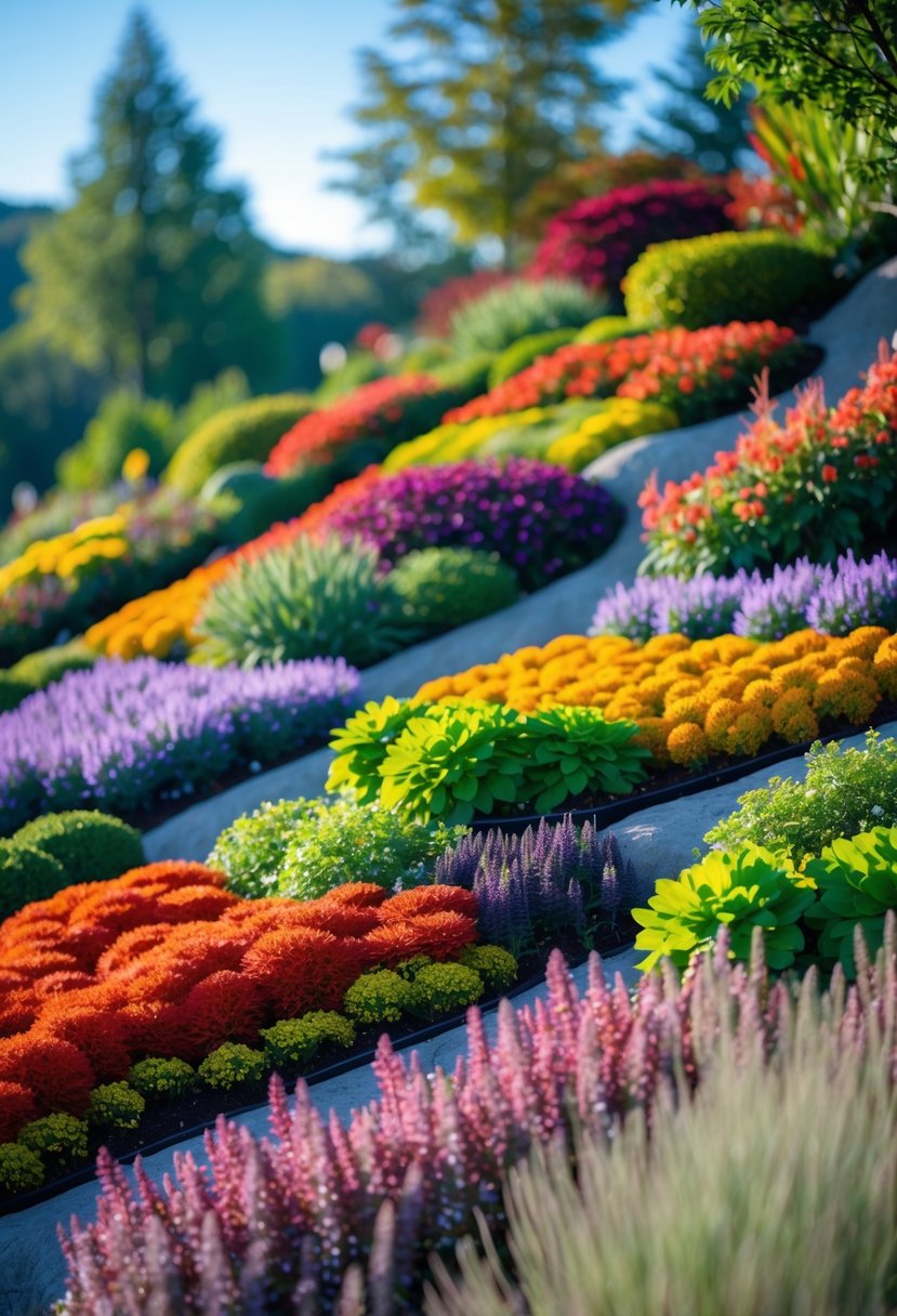 A vibrant garden on a slope with colorful flower beds and diverse foliage arranged in creative patterns.