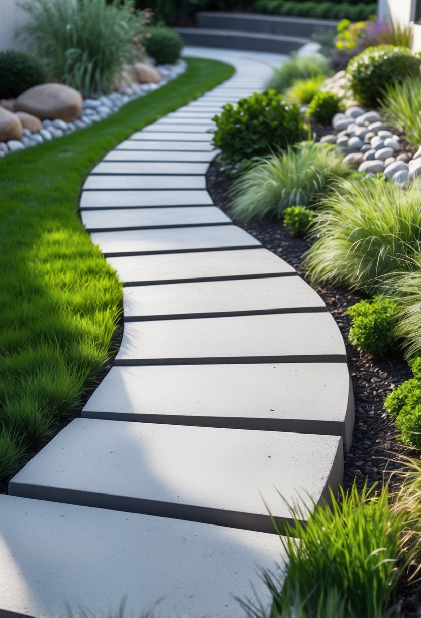 A walkway made of interlocking concrete pavers on a sloped garden surrounded by green grass and plants.
