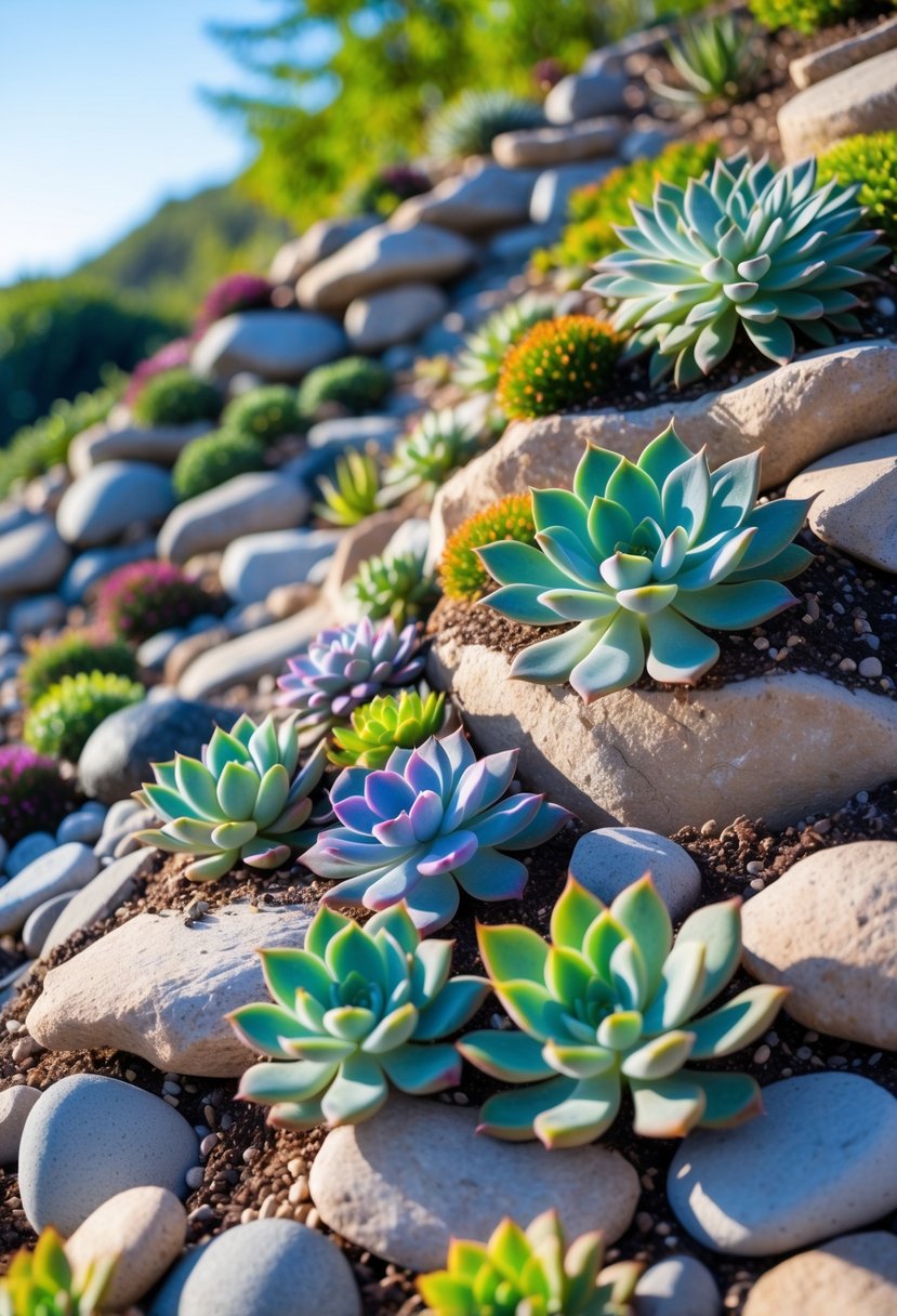 A sloped garden filled with various succulents and rocks arranged among soil and pebbles under natural sunlight.