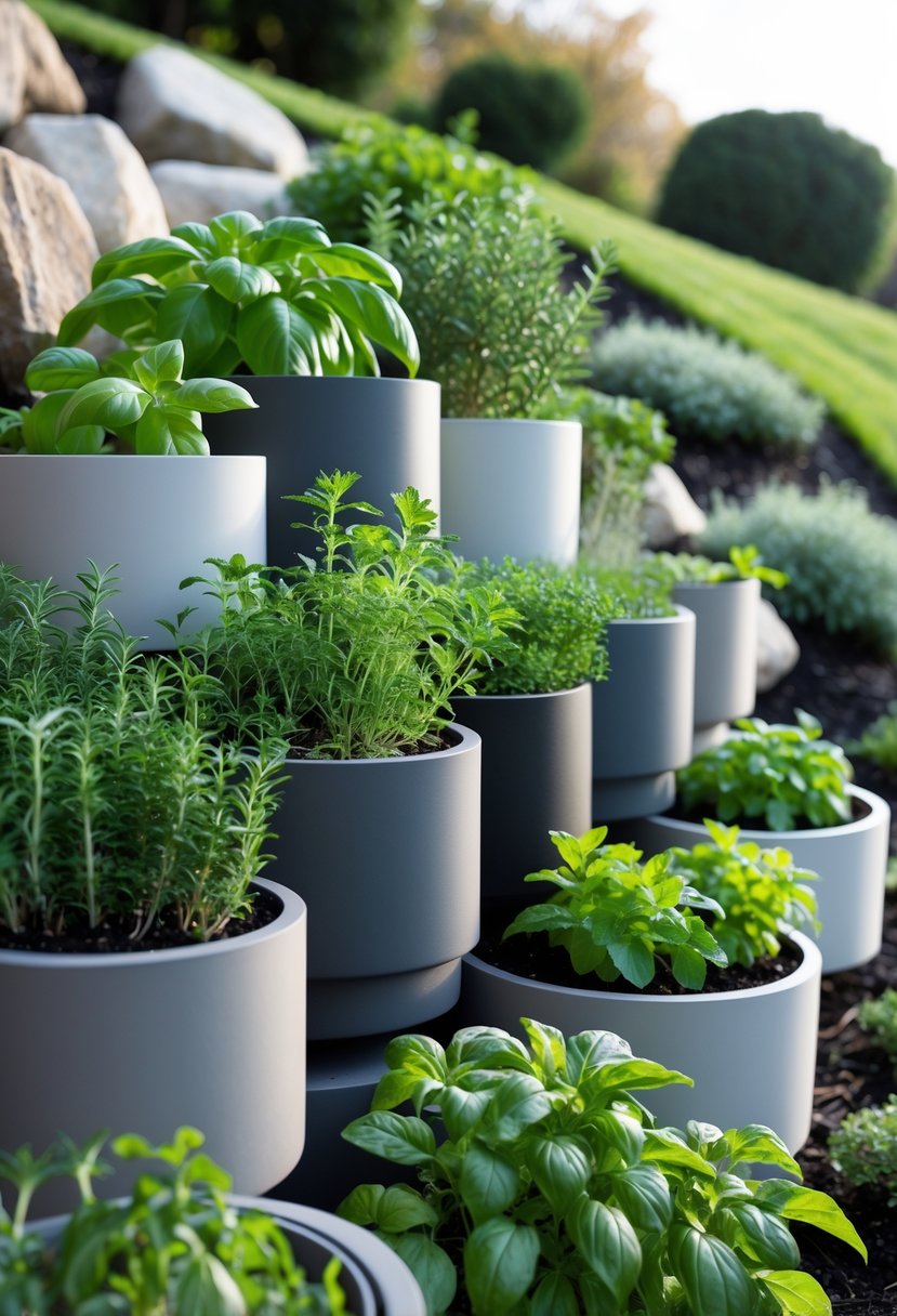 A tiered garden on a slope with modern containers holding various green herbs.