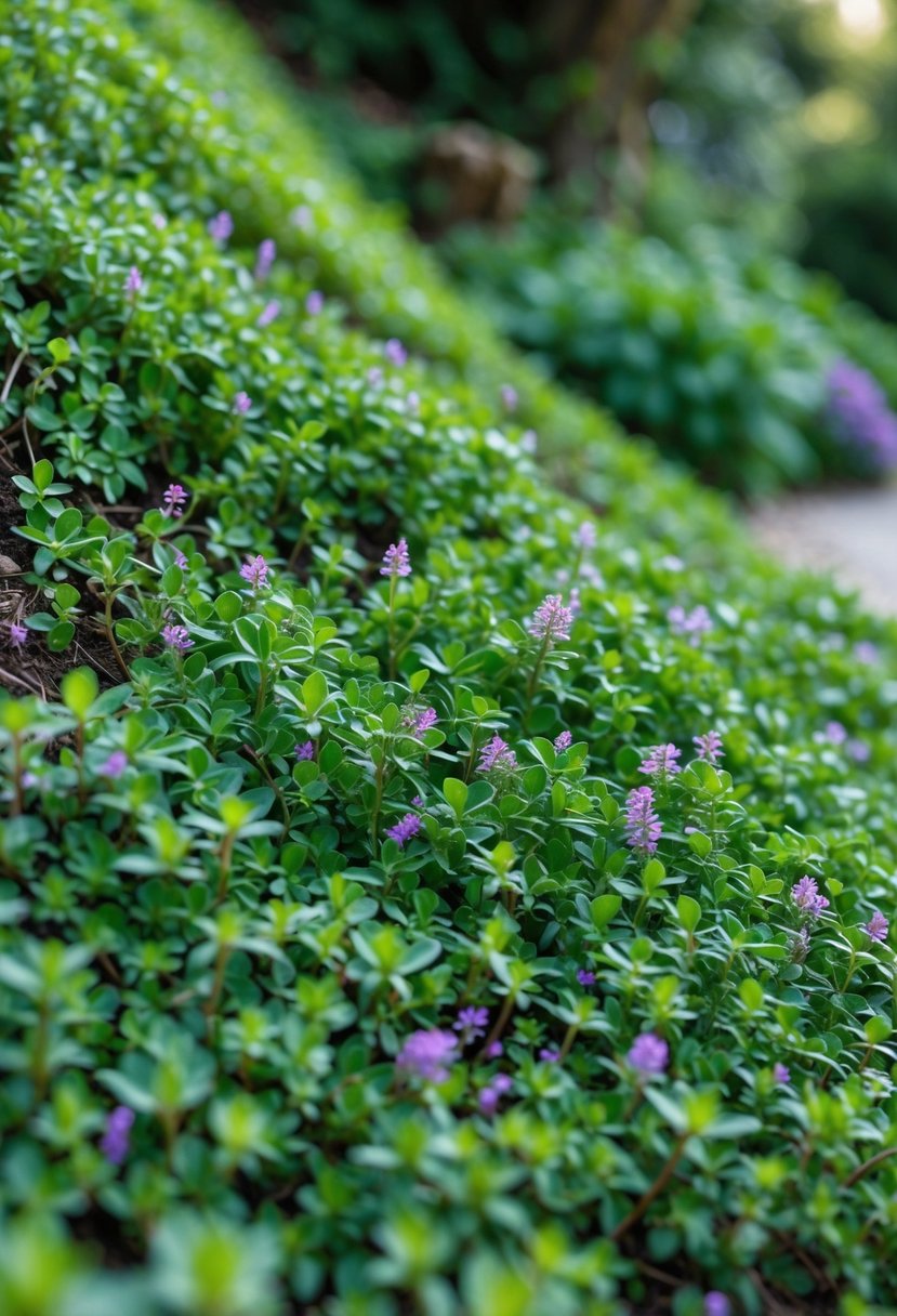 A garden slope covered with dense green creeping thyme plants featuring small purple flowers.