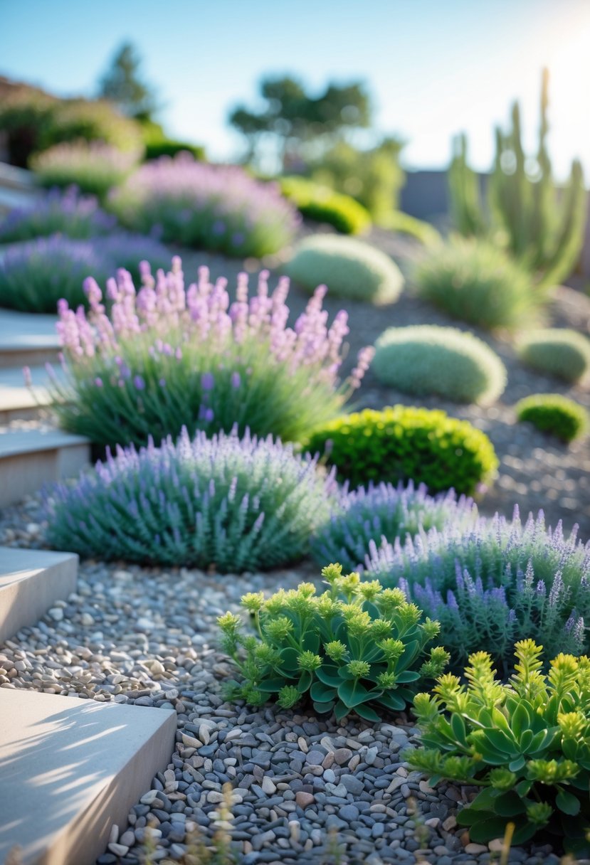 A sloped garden with blooming lavender and green sedum plants under a clear sky.