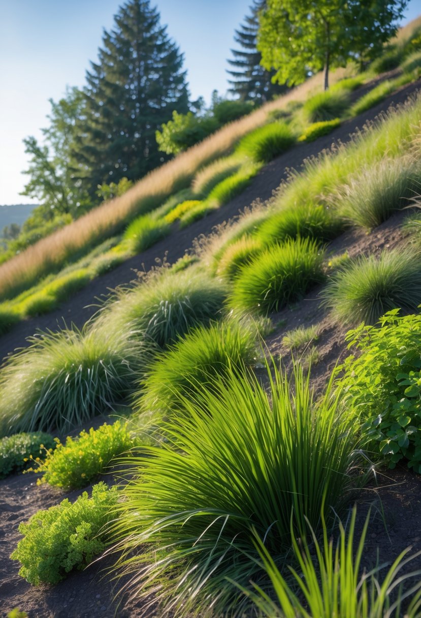A sloping garden hillside covered with various native grasses planted to prevent erosion under a clear blue sky.