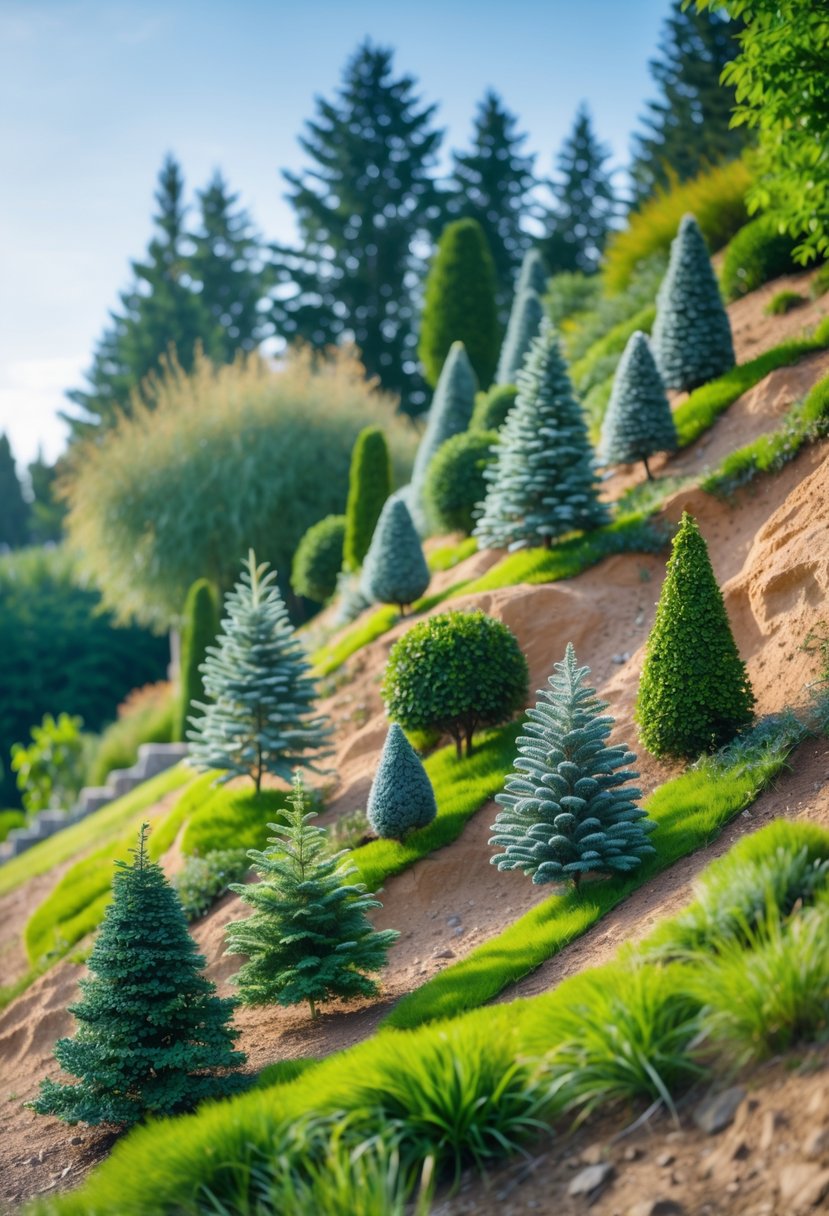 A sloped garden with various miniature conifer trees arranged creatively among green grass and natural earth.