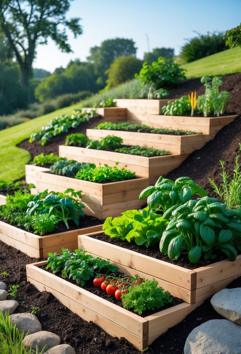 A garden on a slope with multiple wooden tiered raised beds filled with various vegetable plants and greenery.