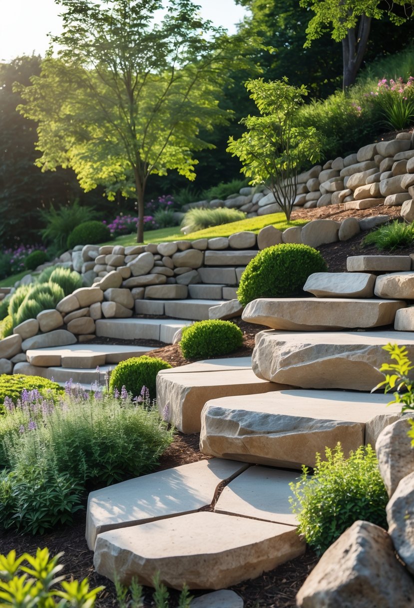 A garden on a slope with natural stone seating areas surrounded by green plants and trees.