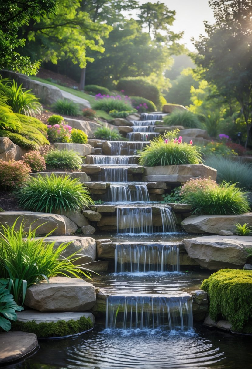 A garden on a slope with small cascading waterfalls flowing over natural rocks surrounded by green plants and flowers.