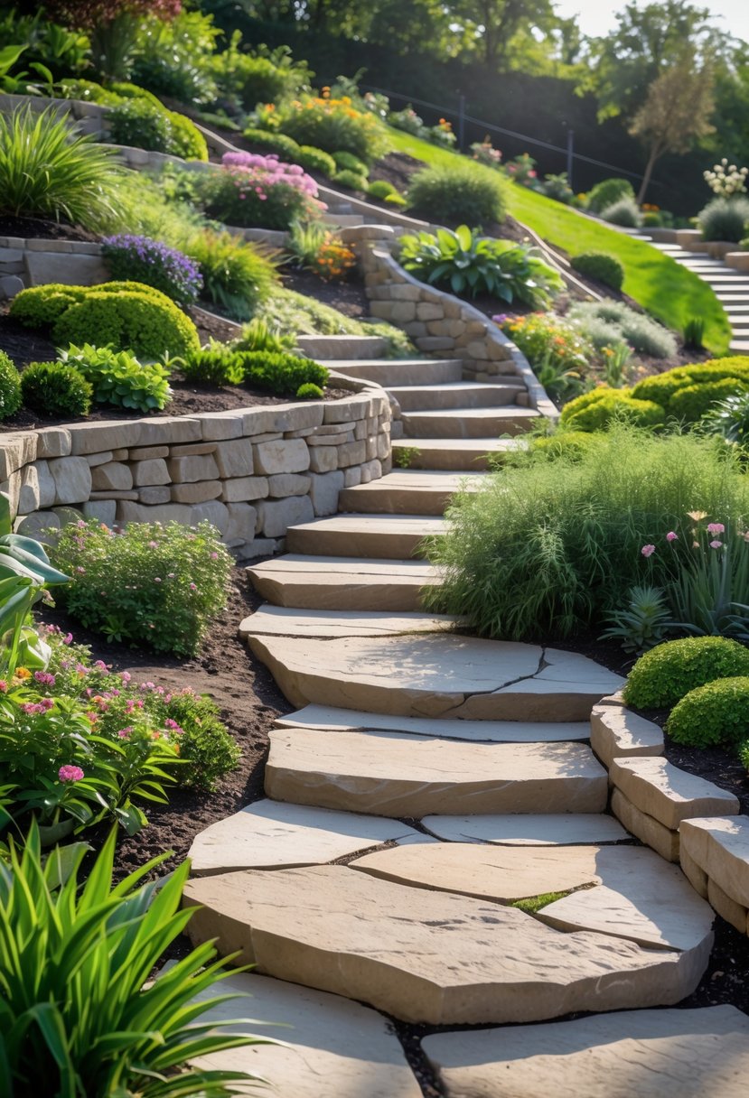 Curved stone pathways winding through a garden on a gentle slope surrounded by plants and flowers.