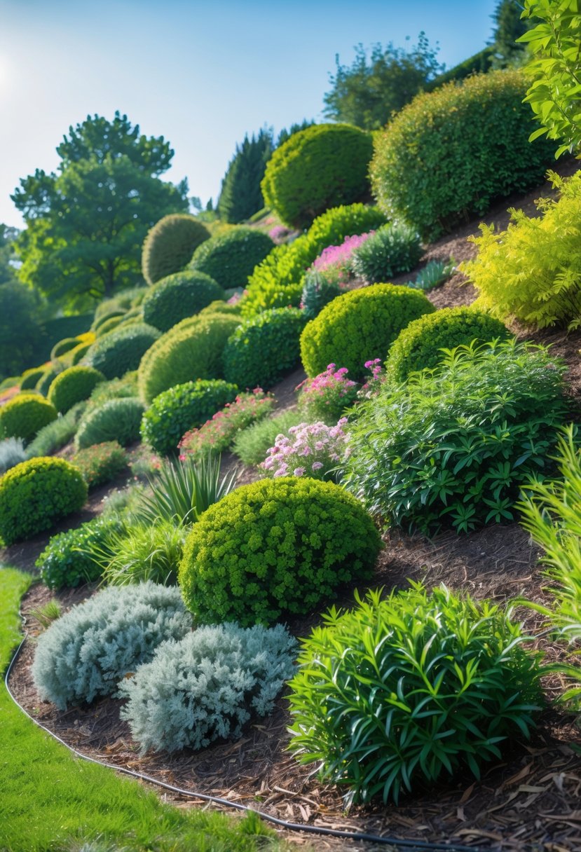 A garden on a slope with mixed shrub borders and flowering plants under a clear blue sky.
