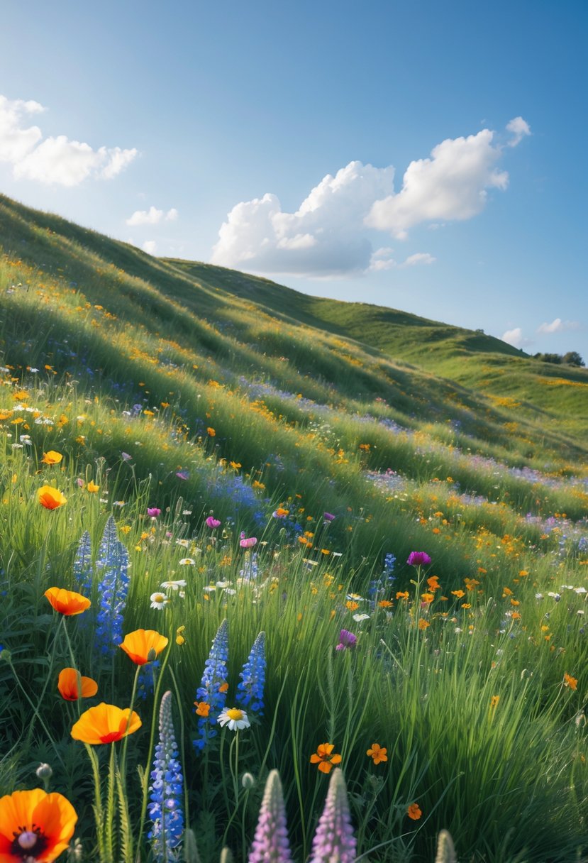 A colorful wildflower meadow covering gentle rolling slopes under a clear blue sky.