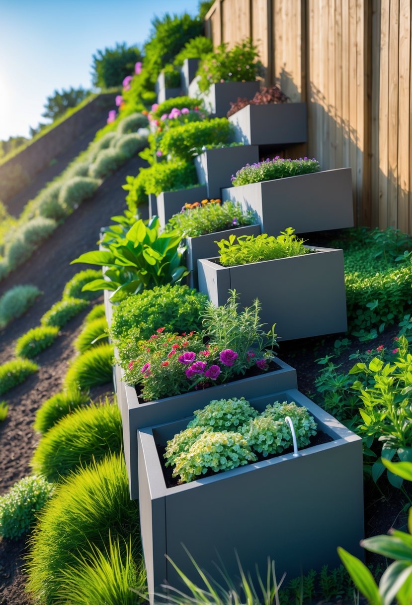 Vertical garden planters attached to wooden fences on a grassy slope with various green plants and flowers.