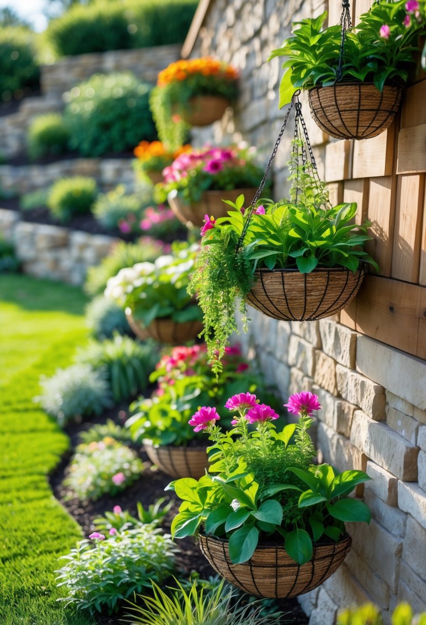Hanging baskets filled with flowers arranged on walls facing a garden slope with plants and grass.