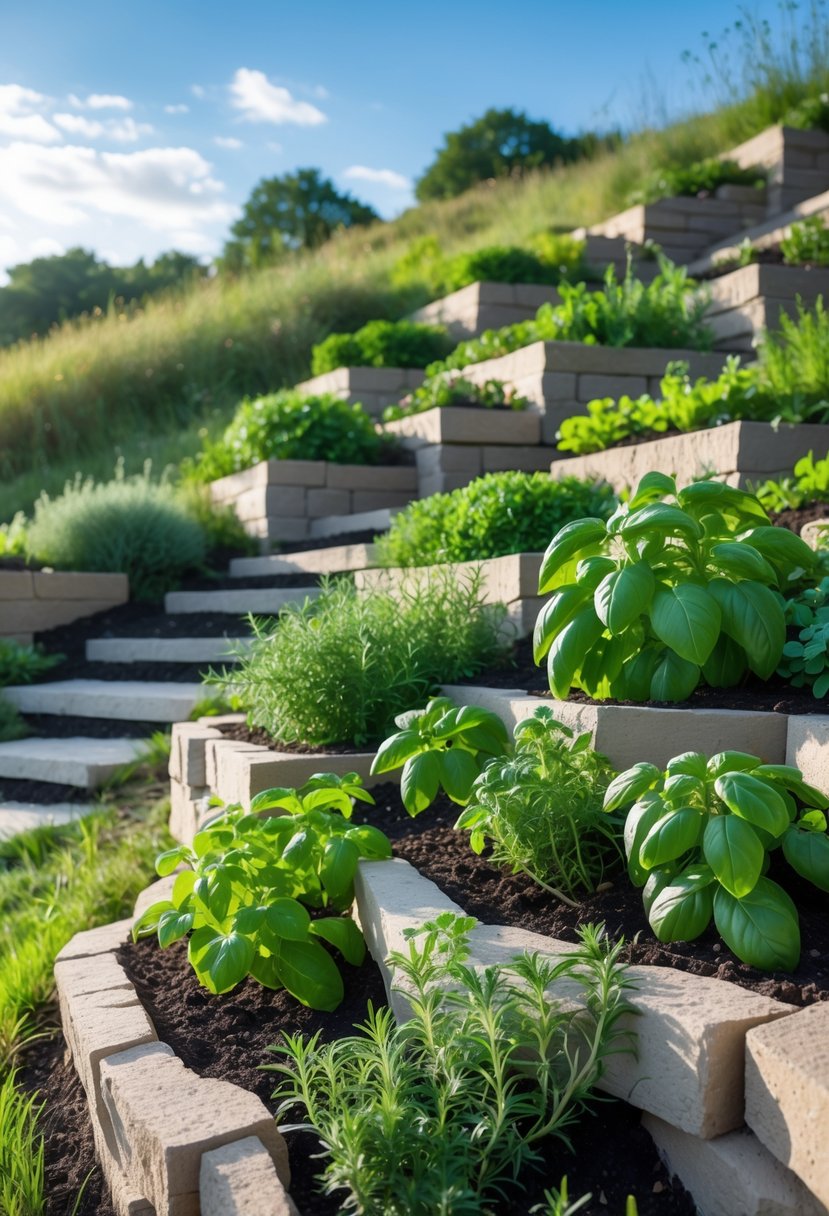 A stepped herb garden on a slope with multiple terraced sections filled with various green herbs under a blue sky.