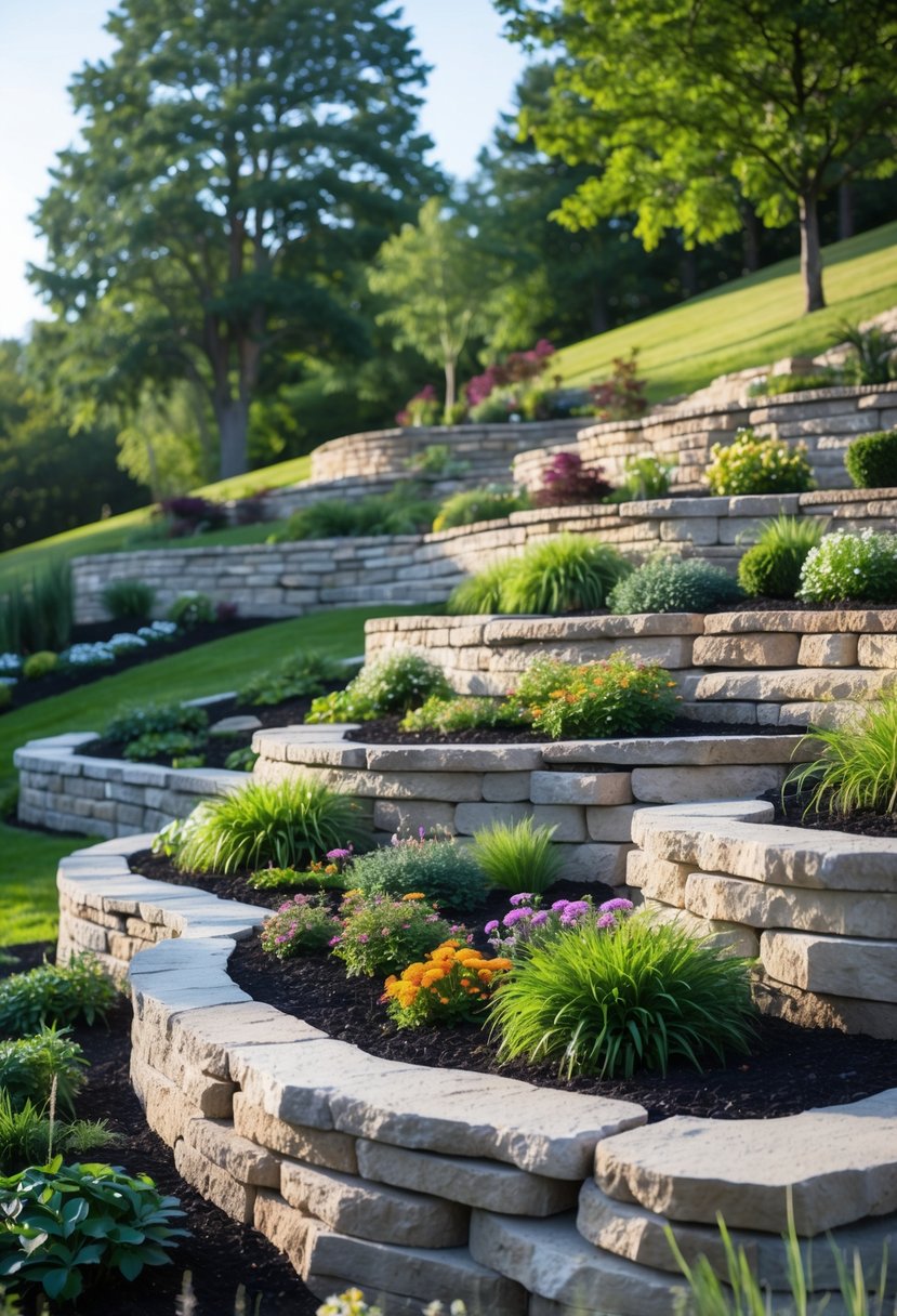 A garden on a slope with stacked stone retaining walls creating natural terraces filled with plants and flowers under a clear sky.