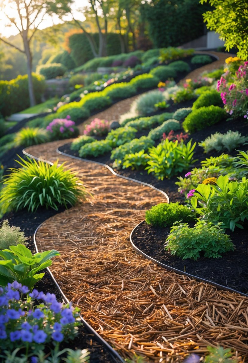 Mulch-covered winding garden paths on a gentle slope surrounded by green plants and colorful flowers.