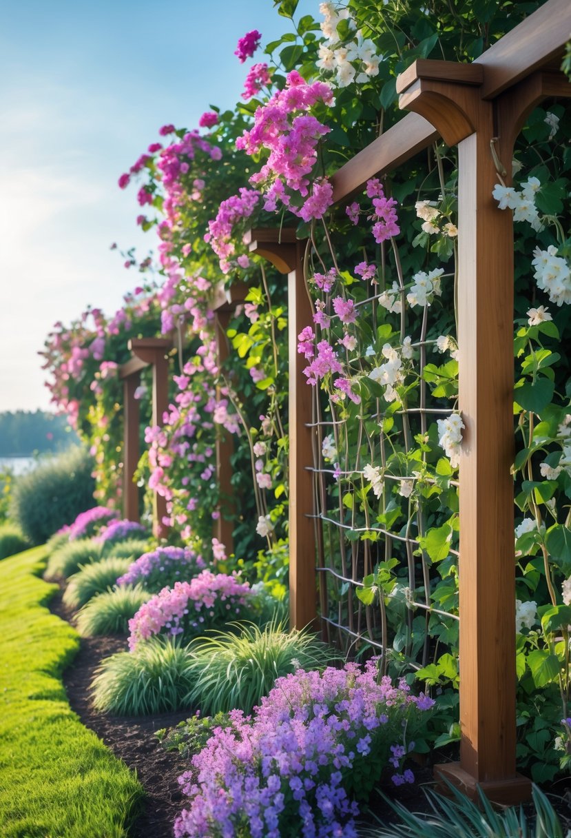 Flowering vines with colorful blossoms growing on wooden trellises on a grassy garden slope under a clear sky.