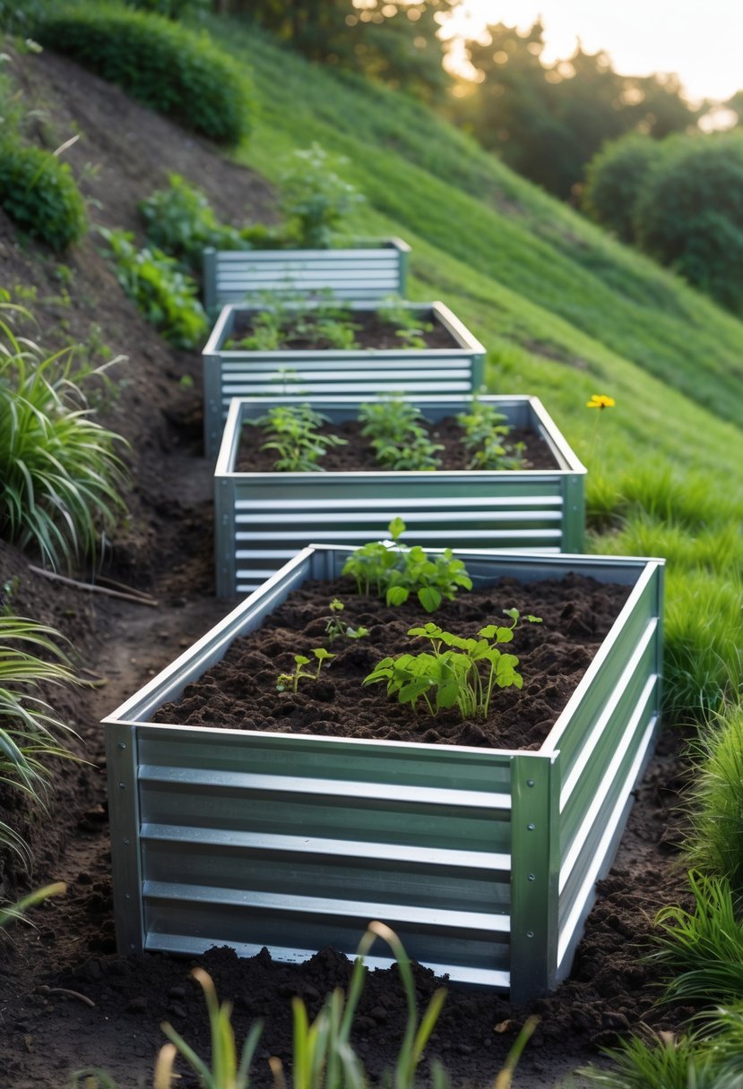 A garden on a gentle slope with metal raised beds filled with soil and young plants.