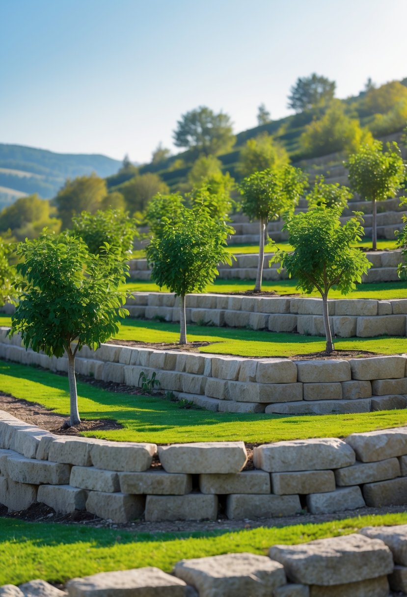 Small orchard with young fruit trees arranged on stone terraces on a hillside under a clear sky.