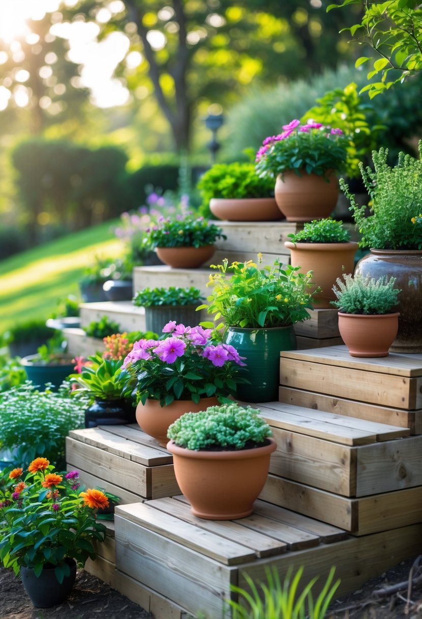 Container gardens arranged on tiered wooden platforms on a gentle slope with various flowering plants and green foliage in pots.
