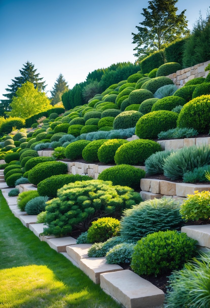 A garden on a gentle slope with low-growing evergreen shrubs arranged in creative patterns among grass and natural stones under a clear sky.
