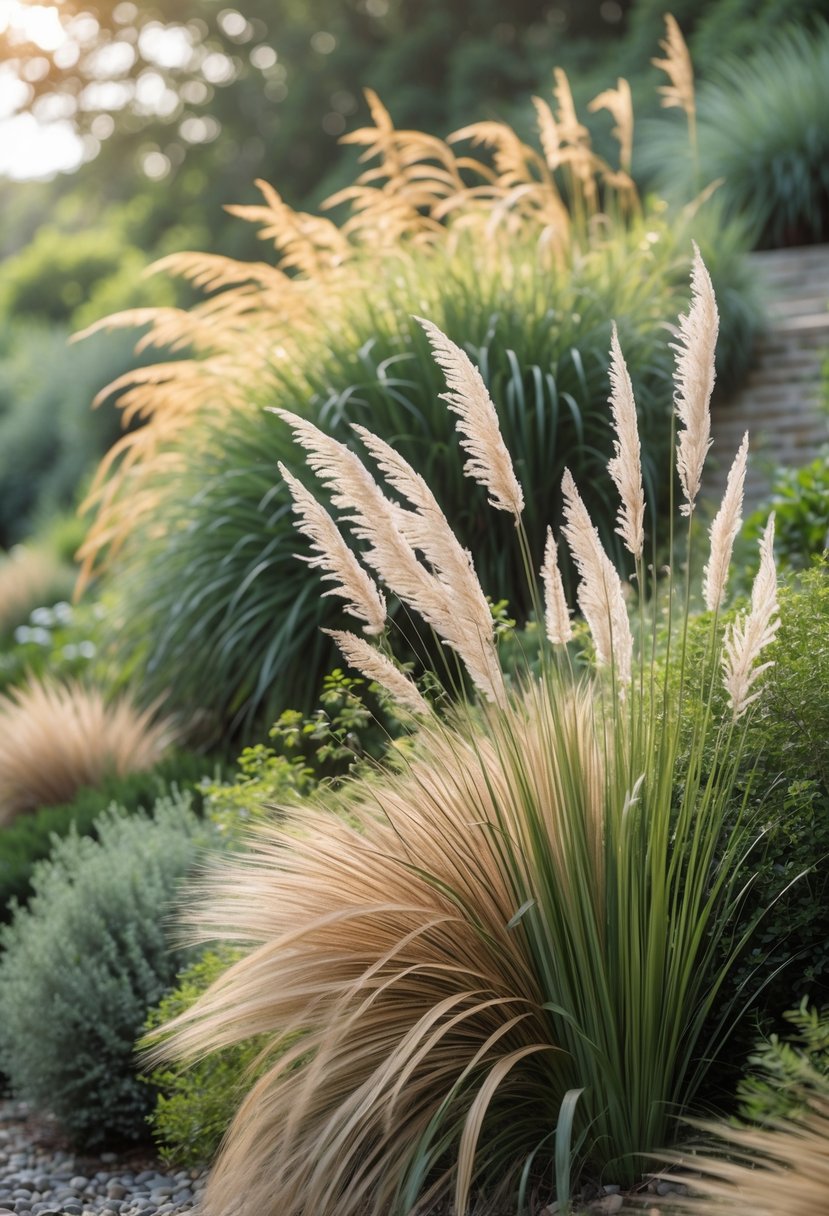 Ornamental grasses swaying on a sloped garden with layered plants and natural sunlight.