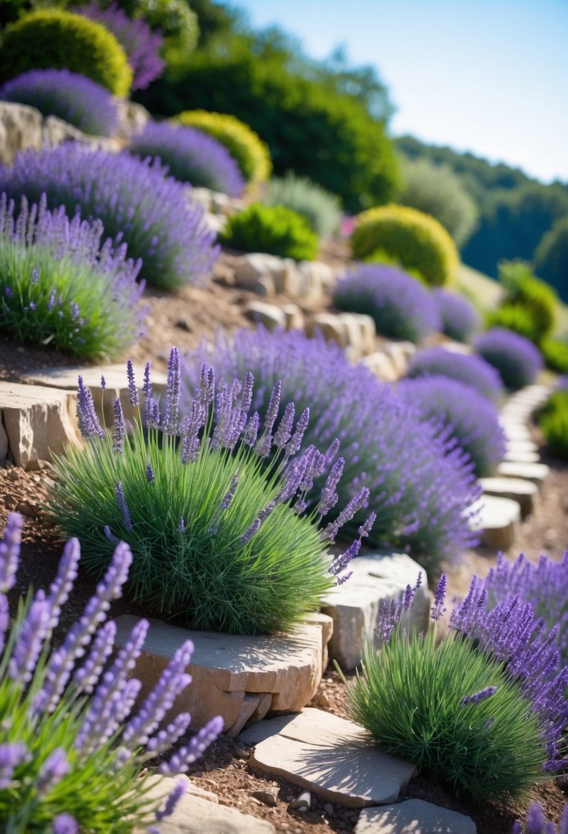A sloping garden hillside covered with blooming lavender plants arranged in terraces under bright sunlight.