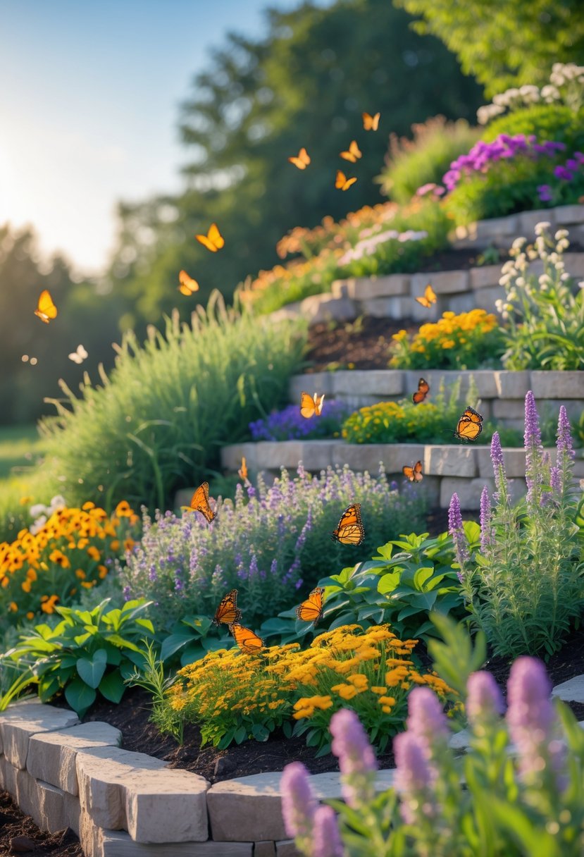 A colorful butterfly garden on a terraced slope with various flowering plants and butterflies flying among them under a clear sky.