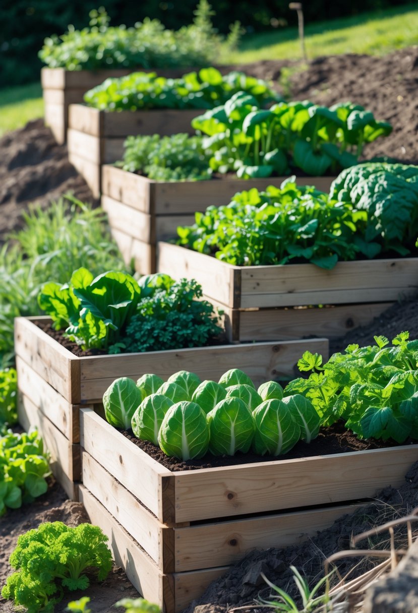 A tiered vegetable garden on a slope with wooden boxes filled with green vegetables and herbs.