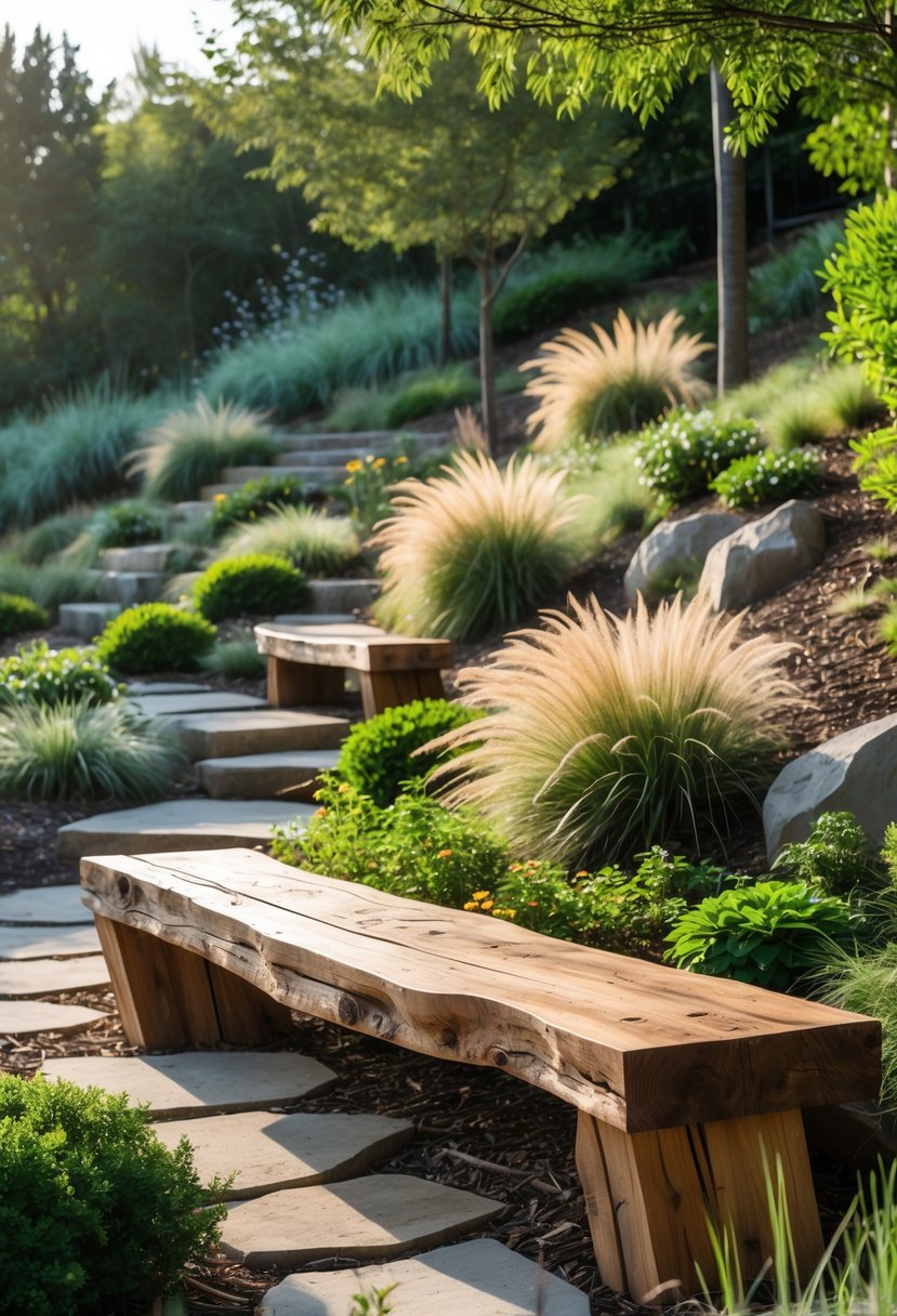 A garden on a gentle slope with benches made from recycled timber surrounded by plants and stone pathways.