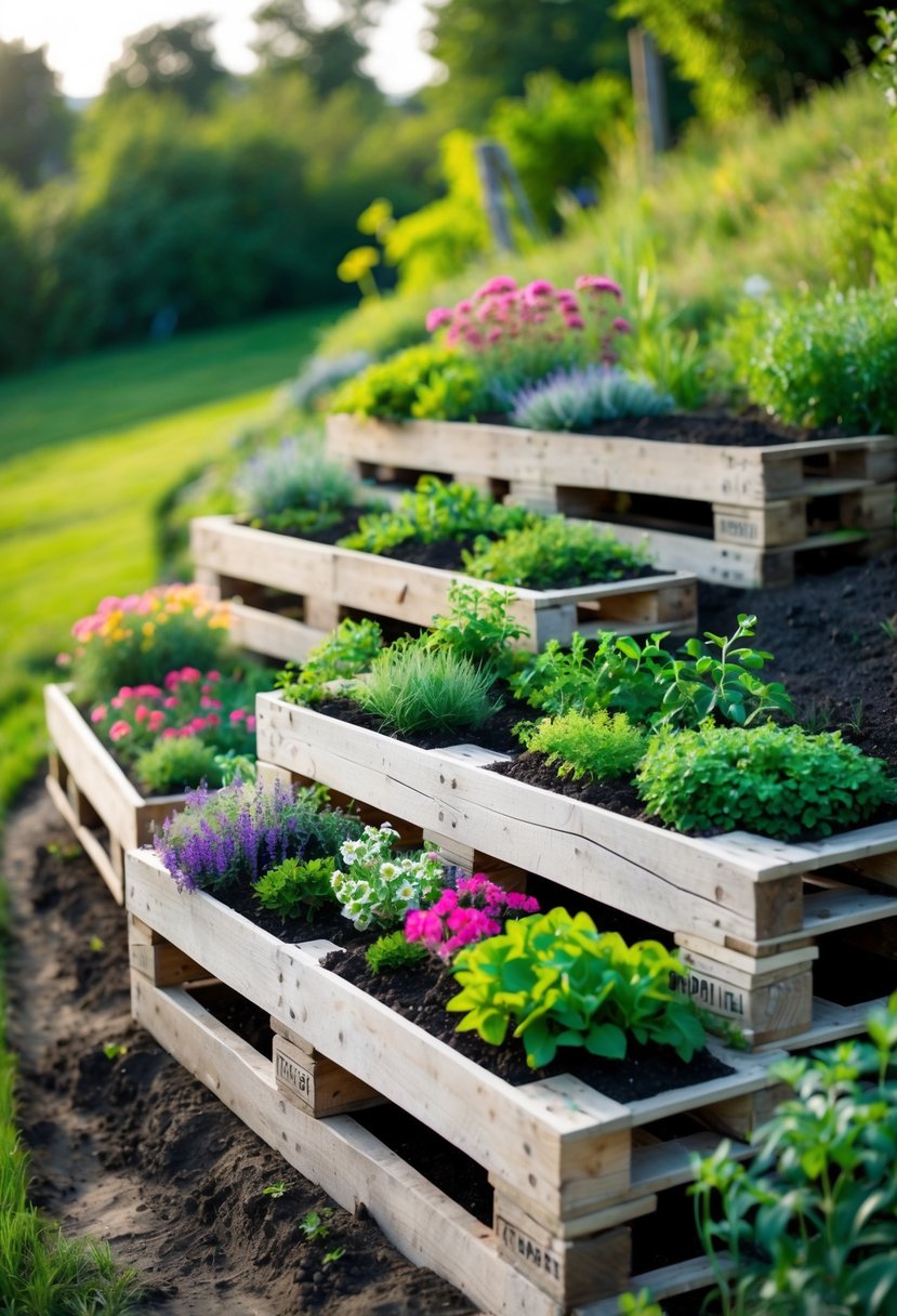 A garden on a slope with DIY planters made from recycled wooden pallets filled with flowers and plants.