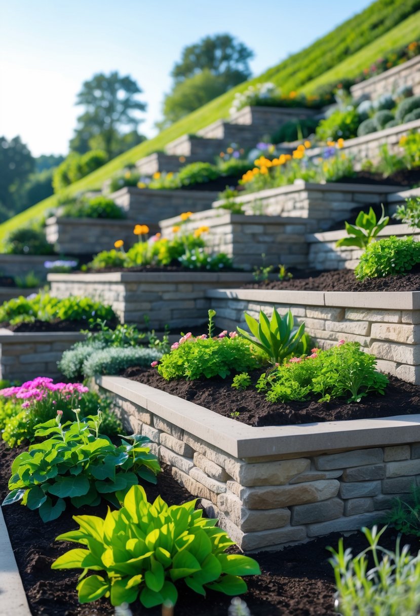 Terraced garden beds on a slope with stone retaining walls and green plants to prevent erosion.