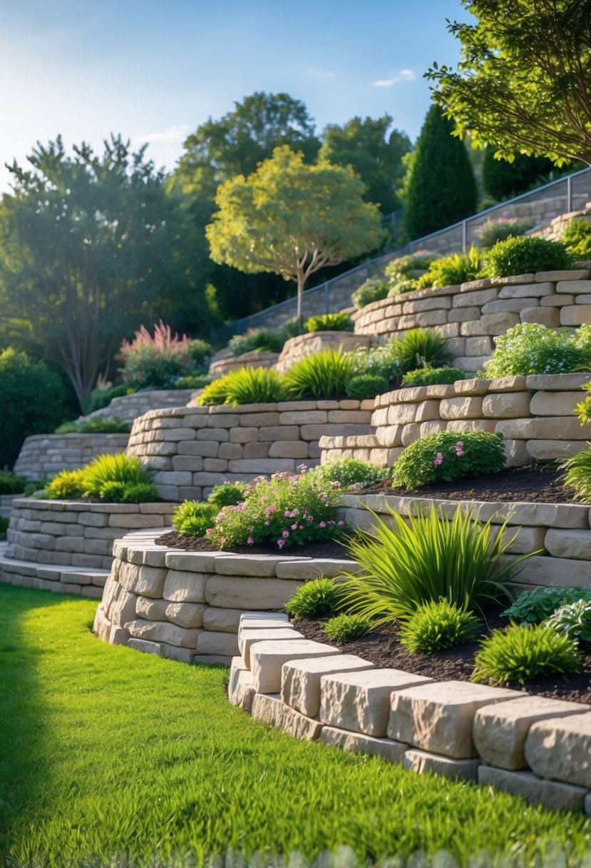 A garden on a gentle slope with stone retaining walls creating terraces filled with green plants and flowers under a clear sky.