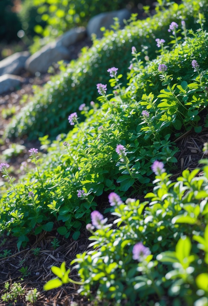 A garden slope covered with dense green creeping thyme plants with small purple flowers.