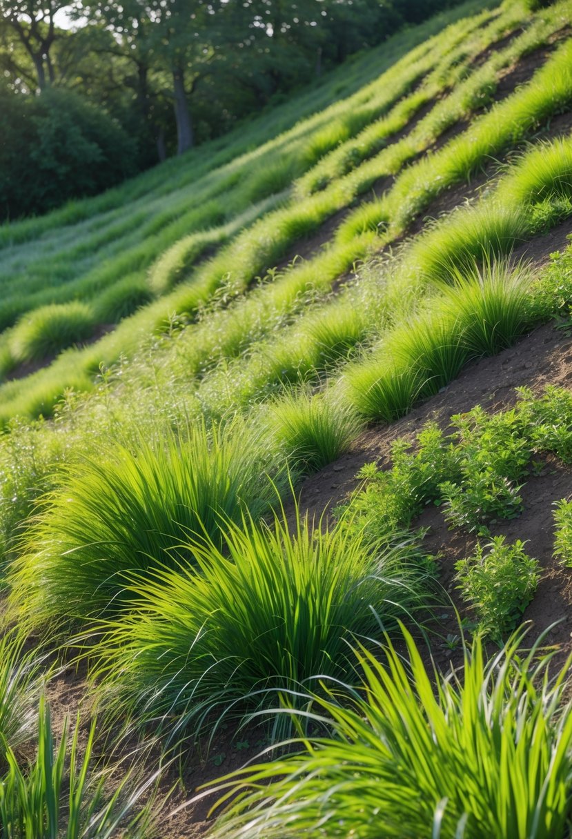 A sloping garden hillside covered with green native grasses stabilizing the soil.