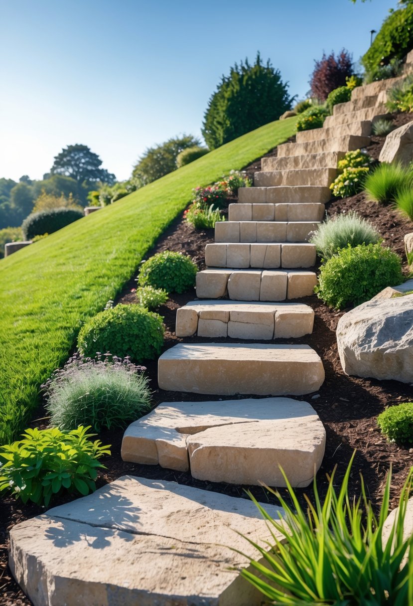 Stone steps built into a grassy garden slope with plants and shrubs around them.