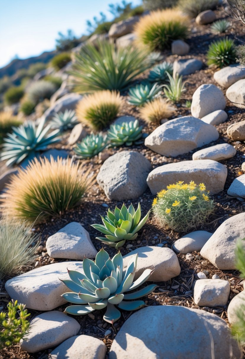 A rock garden on a gentle slope with drought-tolerant plants and natural stone arrangements under a clear sky.