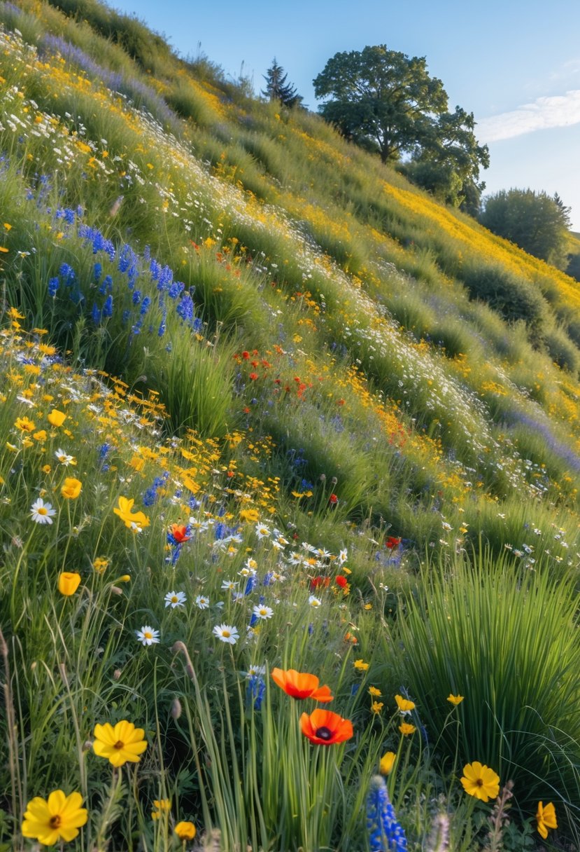 A colorful wildflower meadow covering a gently sloping hillside under a clear blue sky.