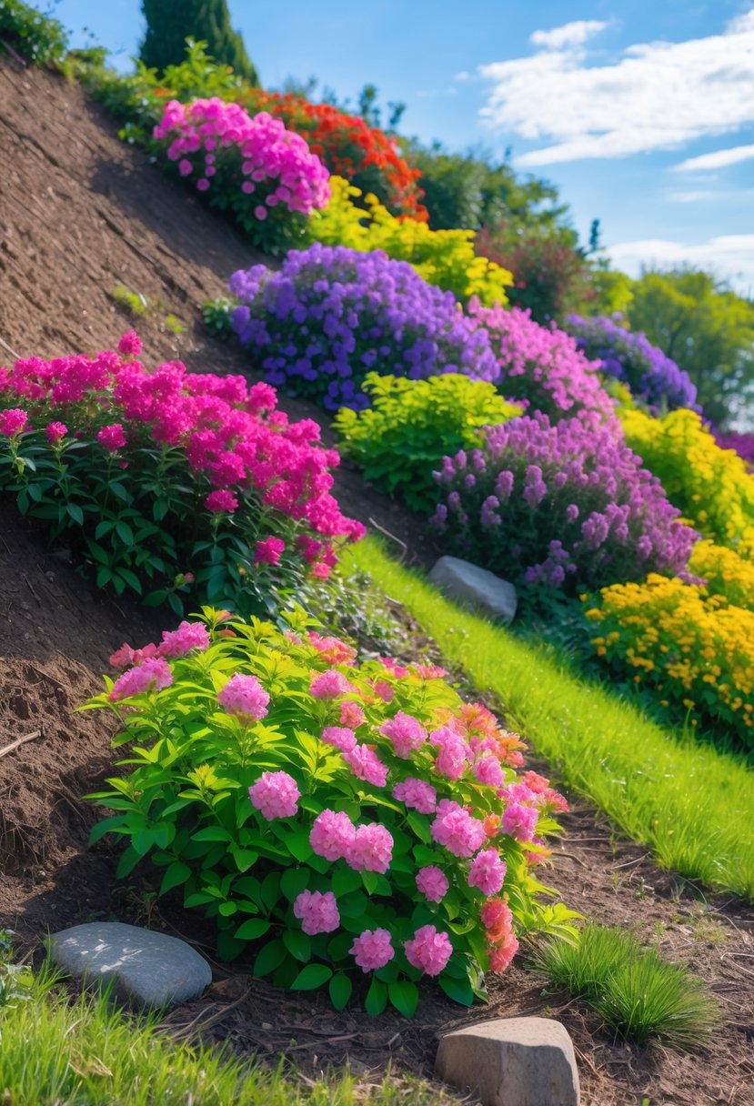 A garden on a gentle slope with colorful flowering shrubs and green grass under a clear blue sky.