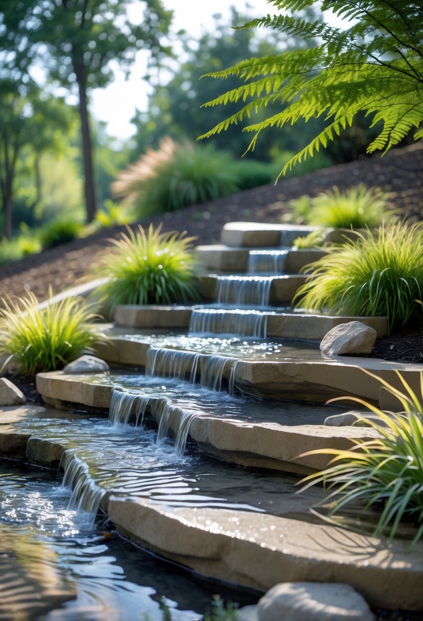 A garden on a slope with a cascading water feature flowing over stone tiers surrounded by green plants and trees.