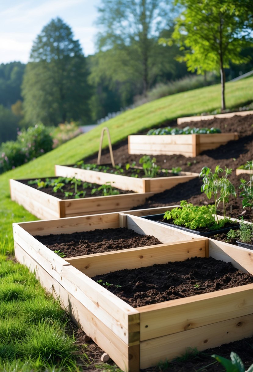 Wooden raised garden beds installed on a sloping hillside with soil and surrounding greenery.