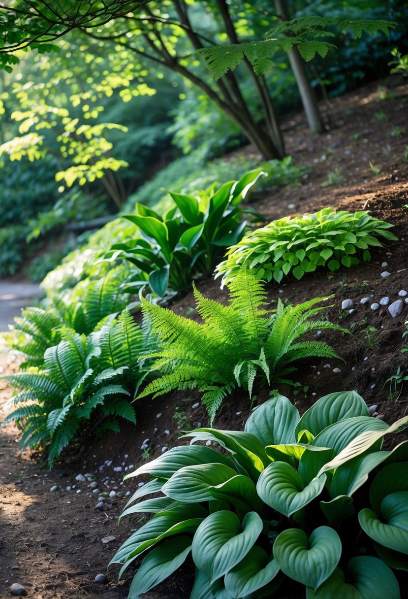 A shaded garden slope with green ferns and hostas growing together on soil under soft sunlight.
