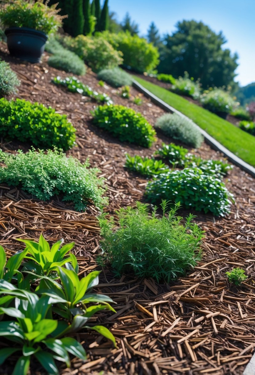 A garden on a gentle slope with mulch spread around green plants to retain moisture and reduce weeds.