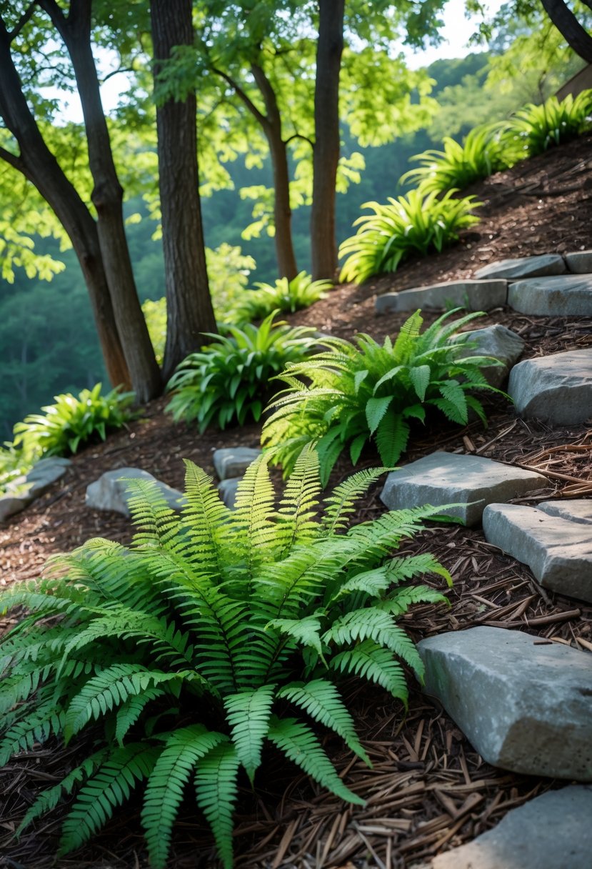 A shaded garden slope with green ferns growing in small, shaded areas among trees and rocks.