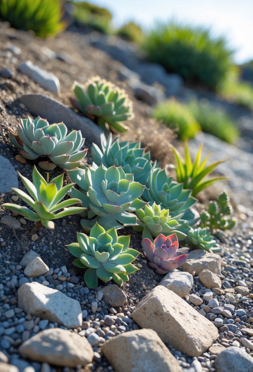 A garden on a slope with various succulents planted among shallow rocky areas and gravel under natural sunlight.