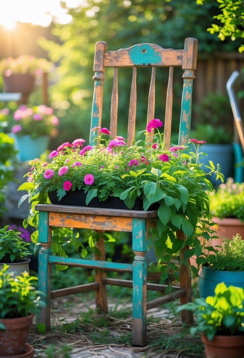 An old wooden chair turned into a colorful planter filled with flowers and plants in a garden.