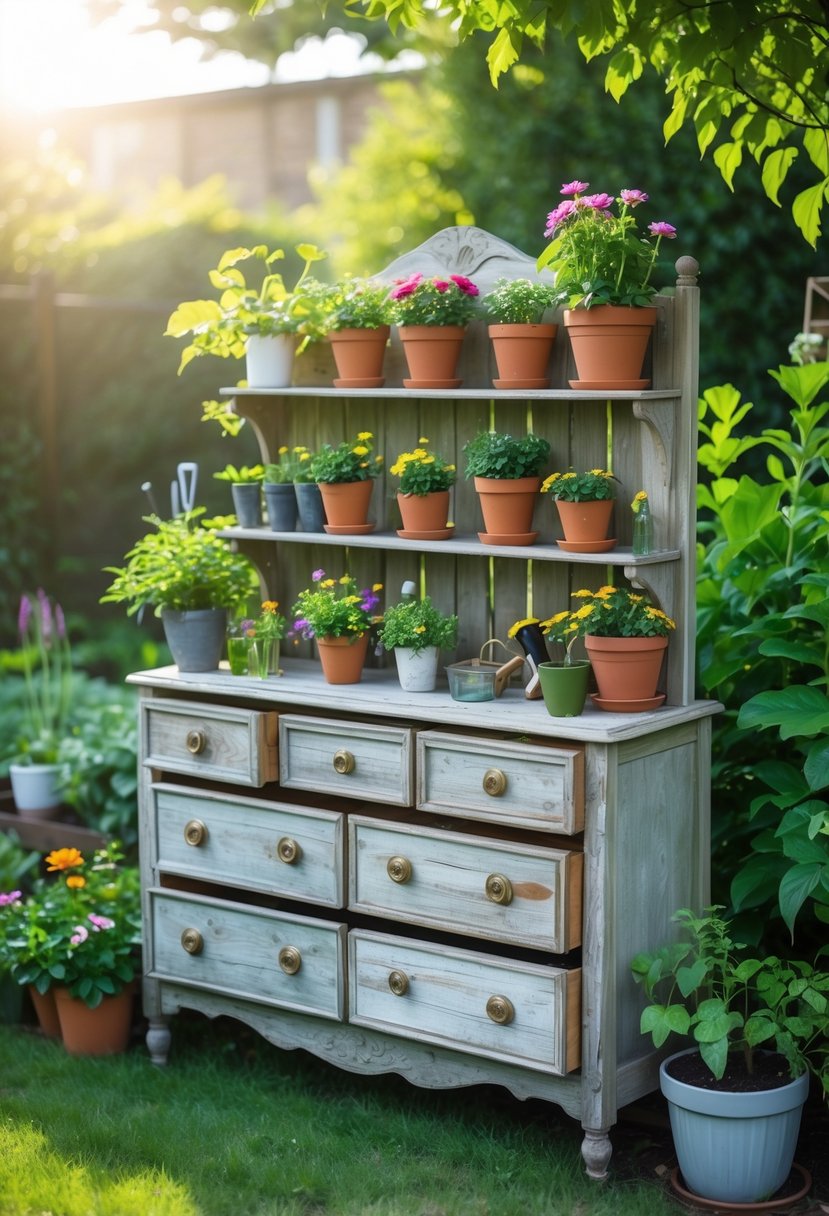 A vintage wooden dresser used as a multi-level garden shelf with potted plants and flowers outdoors.