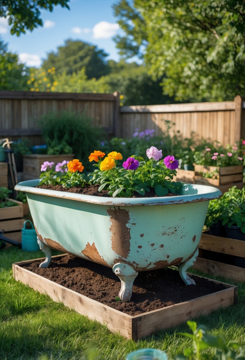 An old bathtub converted into a raised flower bed filled with colorful flowers in a backyard garden.